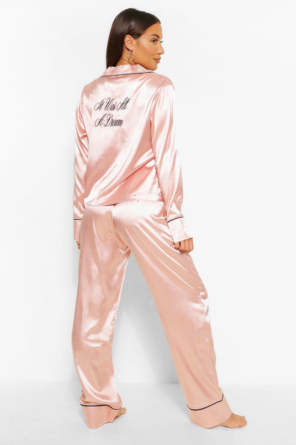 It Was All A Dream Embroidered Satin PJ Set boohoo DK